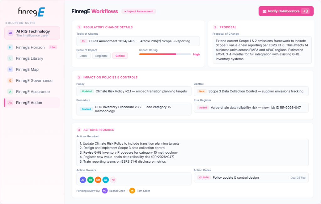 Compliance workflows, Impact assessment, Regulatory change management