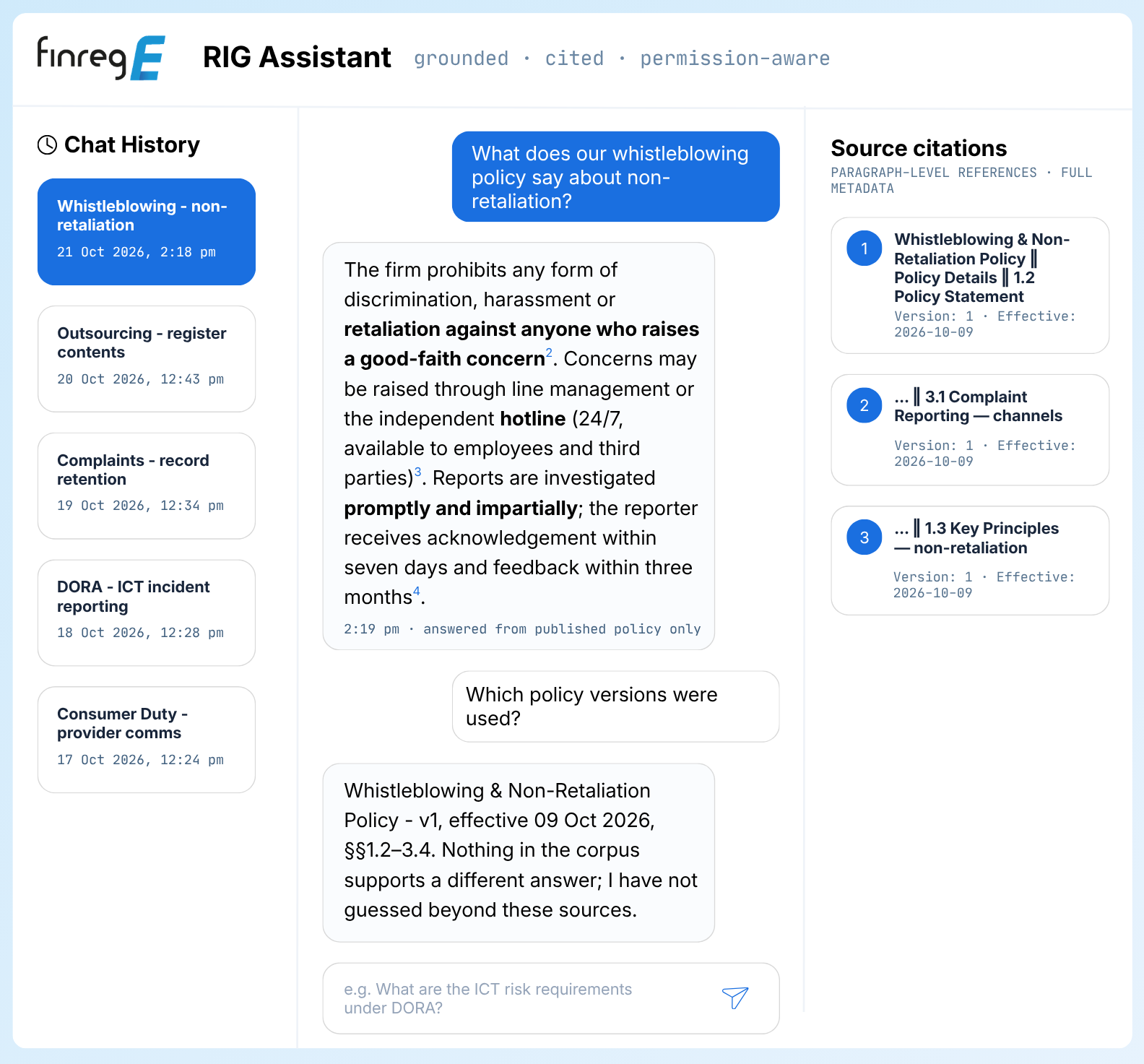 FinregE RIG policy assistant providing permission-aware answers from approved internal policies with paragraph-level source citations