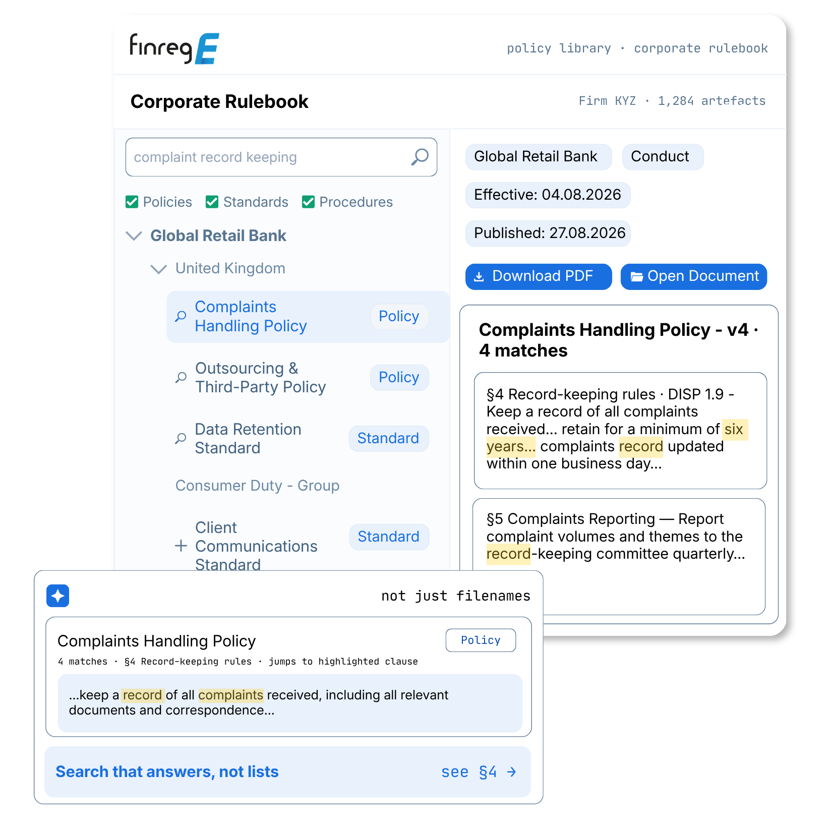 FinregE corporate policy rulebook with searchable policies, standards and procedures and clause-level search results