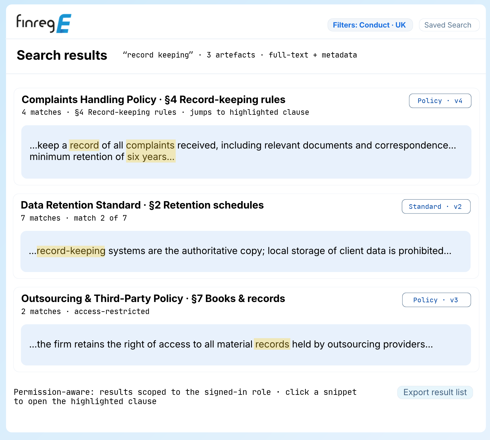 Permission-aware policy search across corporate policies, standards and procedures with highlighted clause-level results